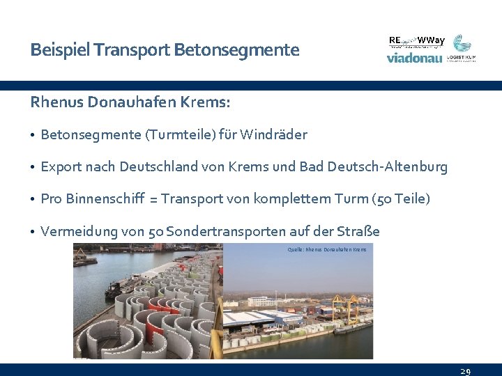 Beispiel Transport Betonsegmente Rhenus Donauhafen Krems: • Betonsegmente (Turmteile) für Windräder • Export nach