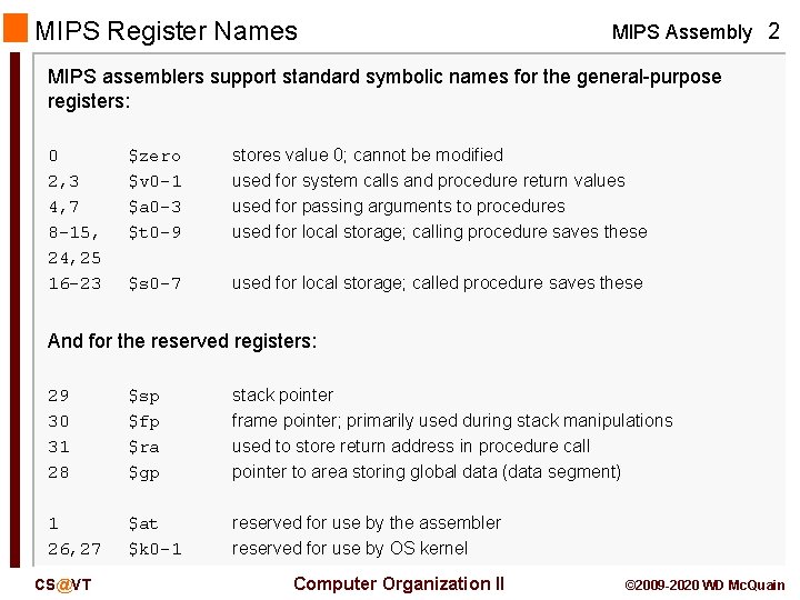 MIPS Register Names MIPS Assembly 2 MIPS assemblers support standard symbolic names for the