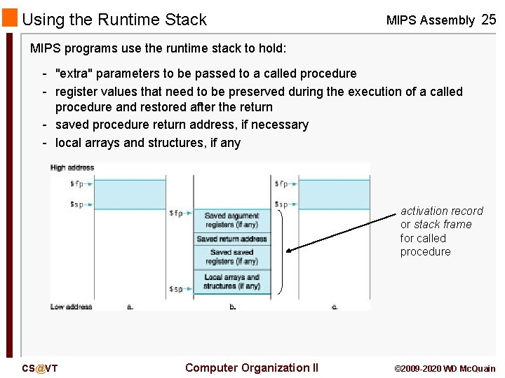 Using the Runtime Stack MIPS Assembly 25 MIPS programs use the runtime stack to