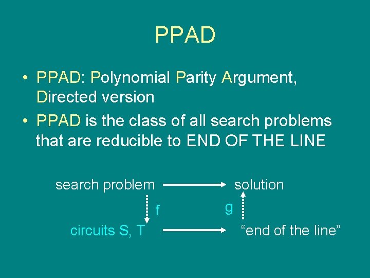 PPAD • PPAD: Polynomial Parity Argument, Directed version • PPAD is the class of