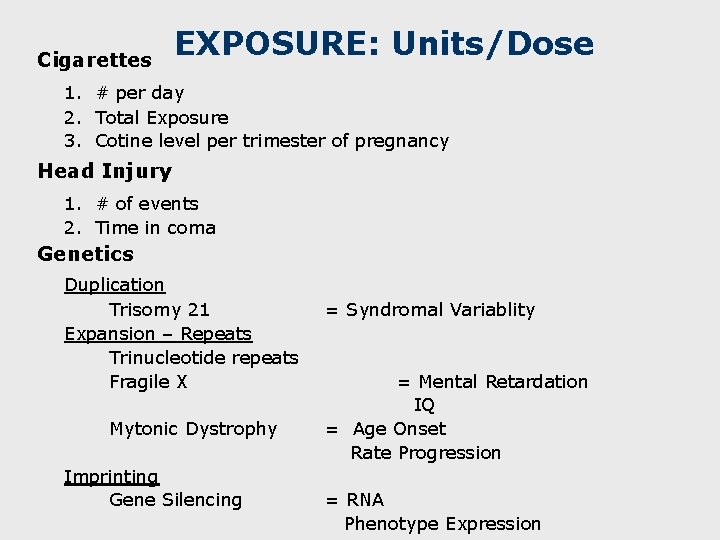 Cigarettes EXPOSURE: Units/Dose 1. # per day 2. Total Exposure 3. Cotine level per