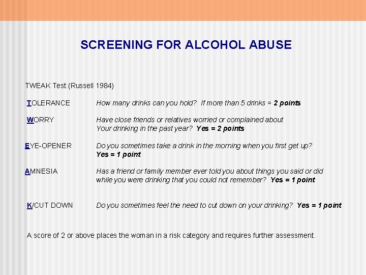 SCREENING FOR ALCOHOL ABUSE TWEAK Test (Russell 1984) TOLERANCE How many drinks can you