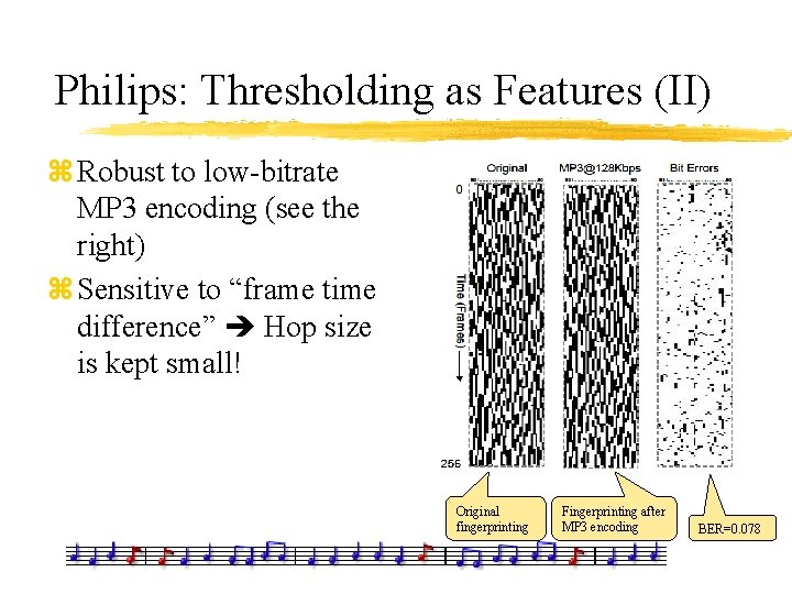 Philips: Thresholding as Features (II) z Robust to low-bitrate MP 3 encoding (see the