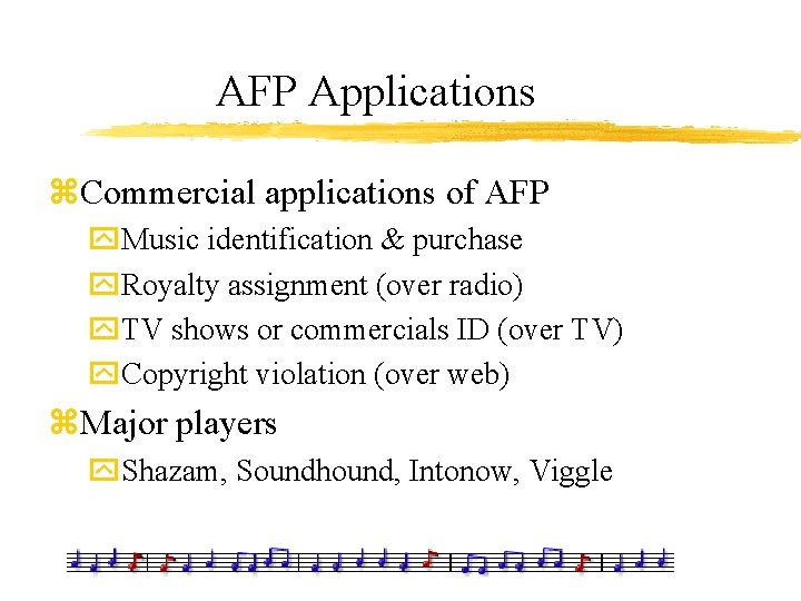 AFP Applications z. Commercial applications of AFP y. Music identification & purchase y. Royalty