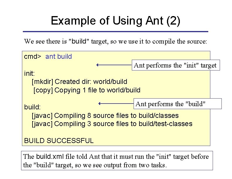 Example of Using Ant (2) We see there is "build" target, so we use