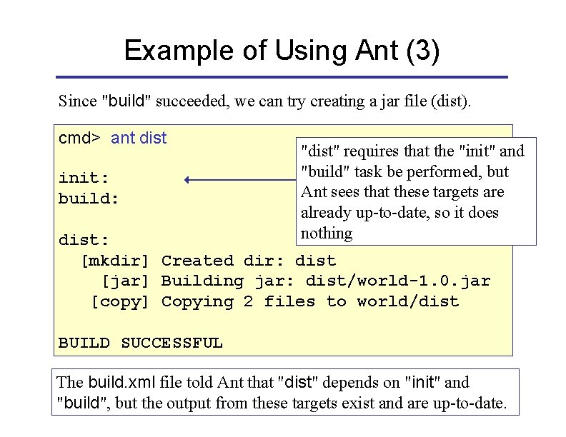 Example of Using Ant (3) Since "build" succeeded, we can try creating a jar