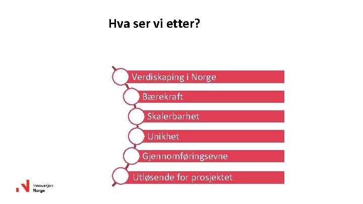 Hva ser vi etter? Verdiskaping i Norge Bærekraft Skalerbarhet Unikhet Gjennomføringsevne Utløsende for prosjektet