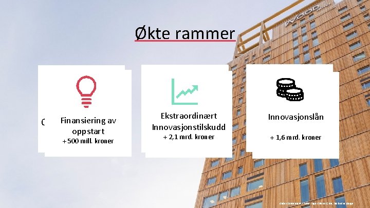 Økte rammer Finansiering av Oppstart av bedrift oppstart + 500 mill. kroner Ekstraordinært Innovasjonstilskudd