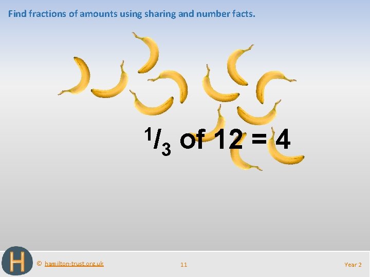 Find fractions of amounts using sharing and number facts. 1/ © hamilton-trust. org. uk