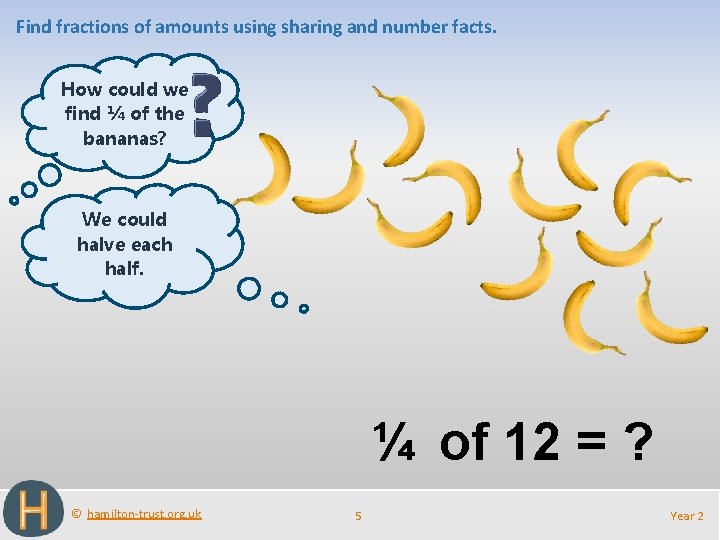 Find fractions of amounts using sharing and number facts. How could we find ¼