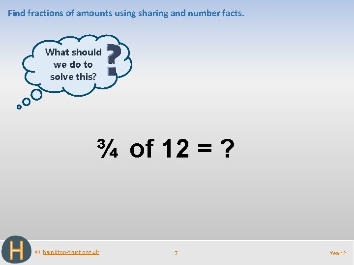 Find fractions of amounts using sharing and number facts. What should we do to