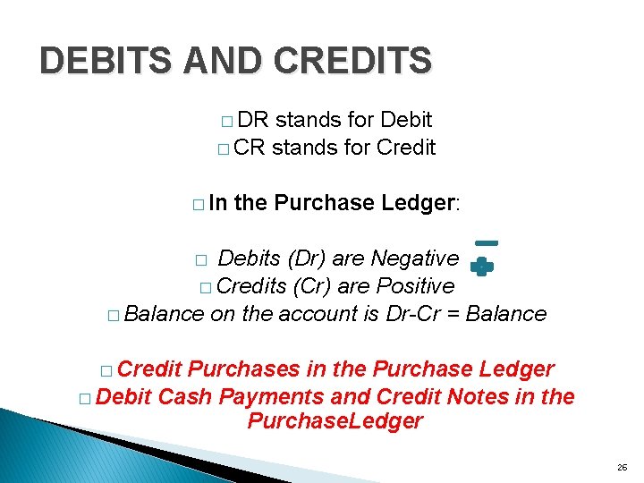 DEBITS AND CREDITS � DR stands for Debit � CR stands for Credit �