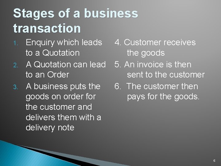 Stages of a business transaction 1. 2. 3. Enquiry which leads to a Quotation