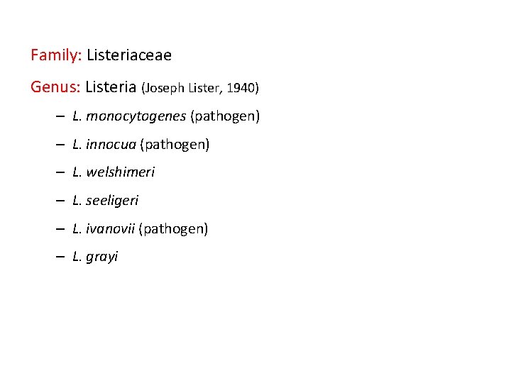 Family: Listeriaceae Genus: Listeria (Joseph Lister, 1940) – L. monocytogenes (pathogen) – L. innocua