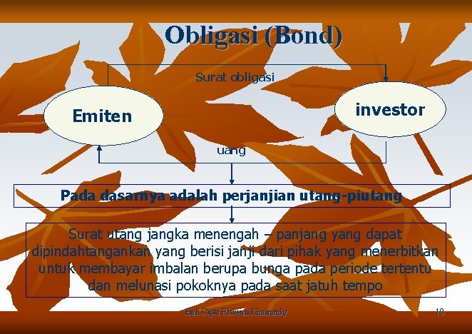 Obligasi (Bond) Surat obligasi investor Emiten uang Pada dasarnya adalah perjanjian utang-piutang Surat utang