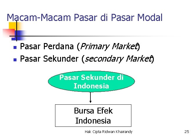 Macam-Macam Pasar di Pasar Modal n n Pasar Perdana (Primary Market) Pasar Sekunder (secondary
