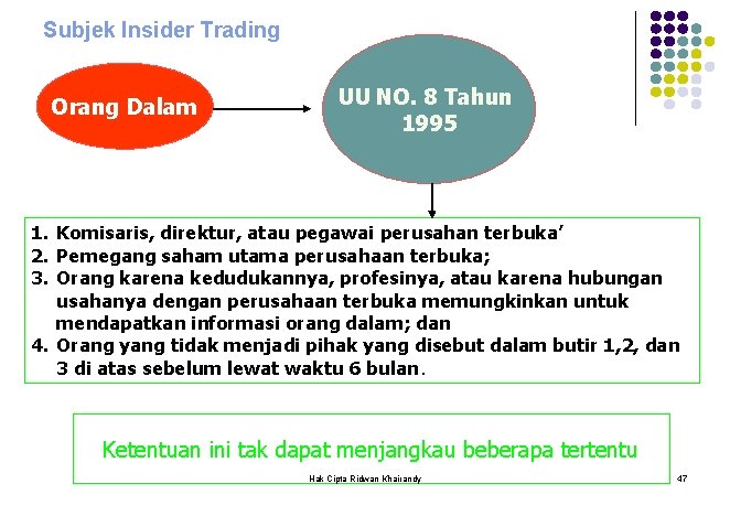 Subjek Insider Trading Orang Dalam UU NO. 8 Tahun 1995 1. Komisaris, direktur, atau