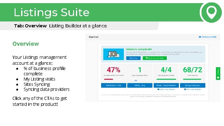 Listings Suite Tab: Overview Listing Builder at a glance Overview Your Listings management account