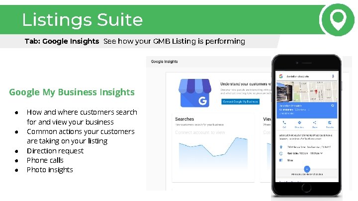 Listings Suite Tab: Google Insights See how your GMB Listing is performing Google My