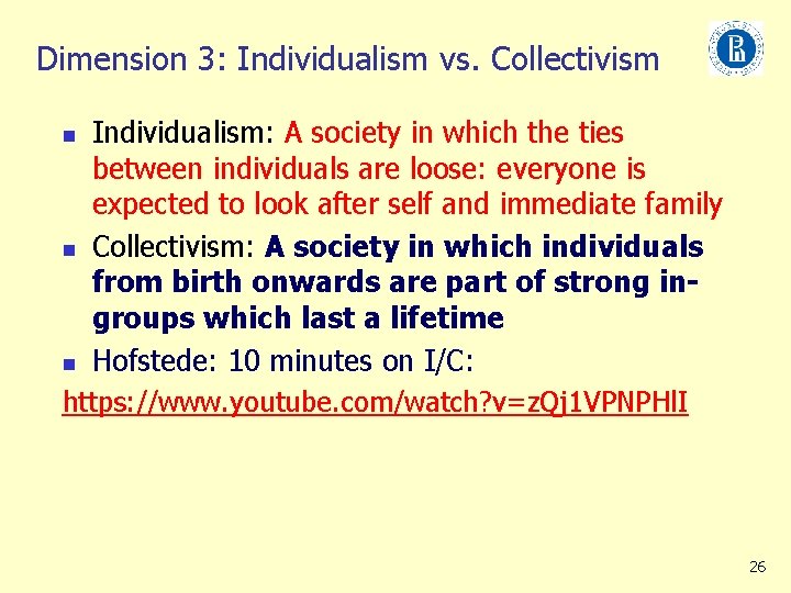 Dimension 3: Individualism vs. Collectivism Individualism: A society in which the ties between individuals