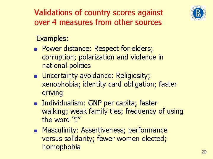 Validations of country scores against over 4 measures from other sources Examples: n Power