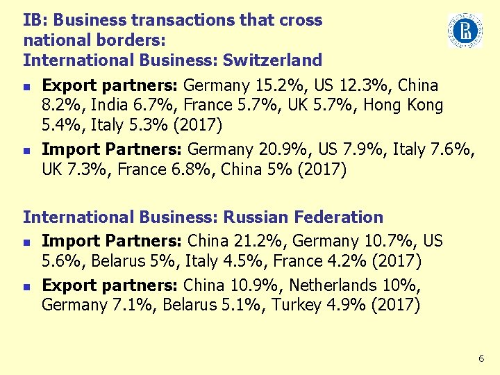 IB: Business transactions that cross national borders: International Business: Switzerland n n Export partners: