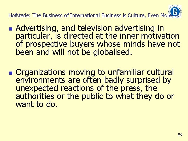 Hofstede: The Business of International Business is Culture, Even More So! n n Advertising,