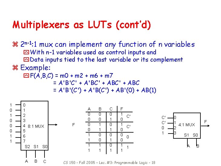 Multiplexers as LUTs (cont’d) z 2 n-1: 1 mux can implement any function of