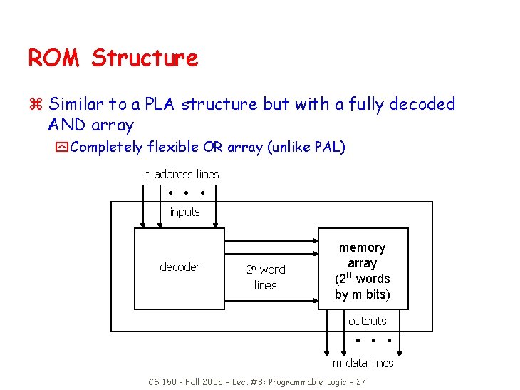 ROM Structure z Similar to a PLA structure but with a fully decoded AND