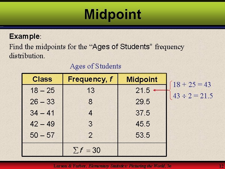 Midpoint Example: Find the midpoints for the “Ages of Students” frequency distribution. Ages of