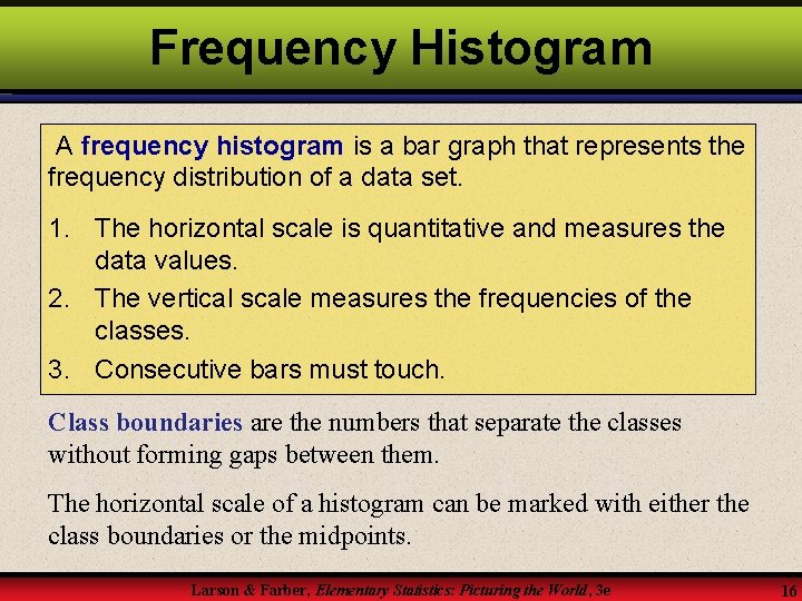 Frequency Histogram A frequency histogram is a bar graph that represents the frequency distribution