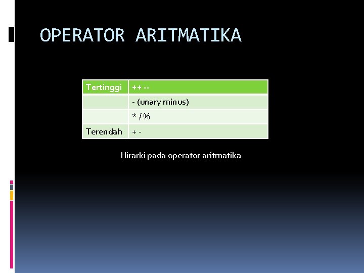 OPERATOR ARITMATIKA Tertinggi ++ -- - (unary minus) */% Terendah +- Hirarki pada operator