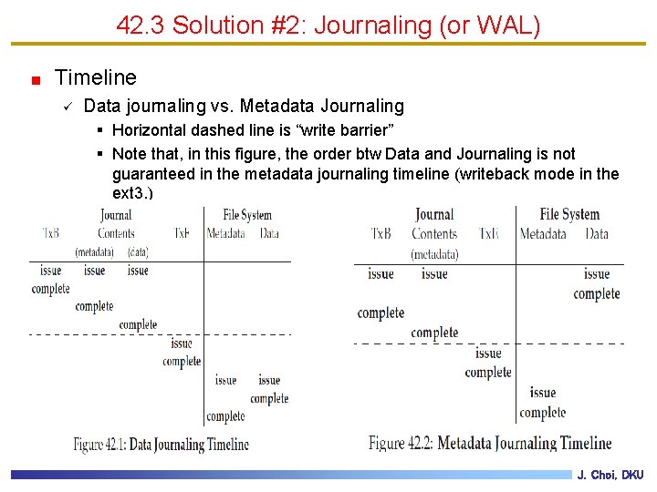 42. 3 Solution #2: Journaling (or WAL) Timeline ü Data journaling vs. Metadata Journaling