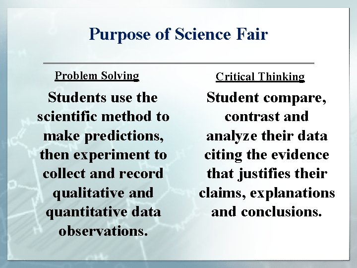 Purpose of Science Fair Problem Solving Students use the scientific method to make predictions,