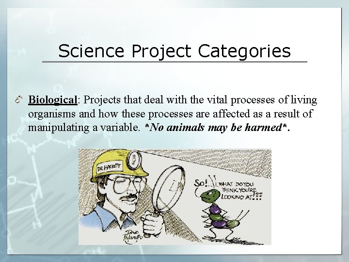 Science Project Categories Biological: Projects that deal with the vital processes of living organisms