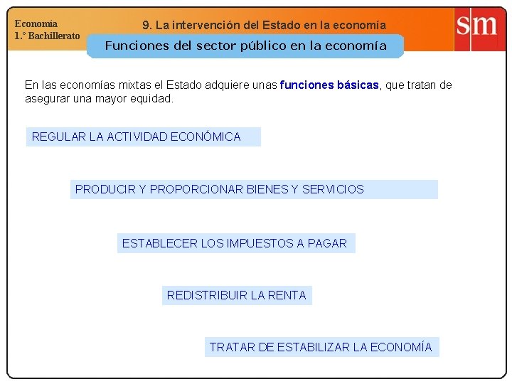 Economía 1. º Bachillerato 9. La intervención del Estado en la economía Funciones del