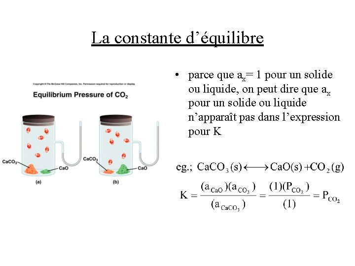 La constante d’équilibre • parce que ax= 1 pour un solide ou liquide, on