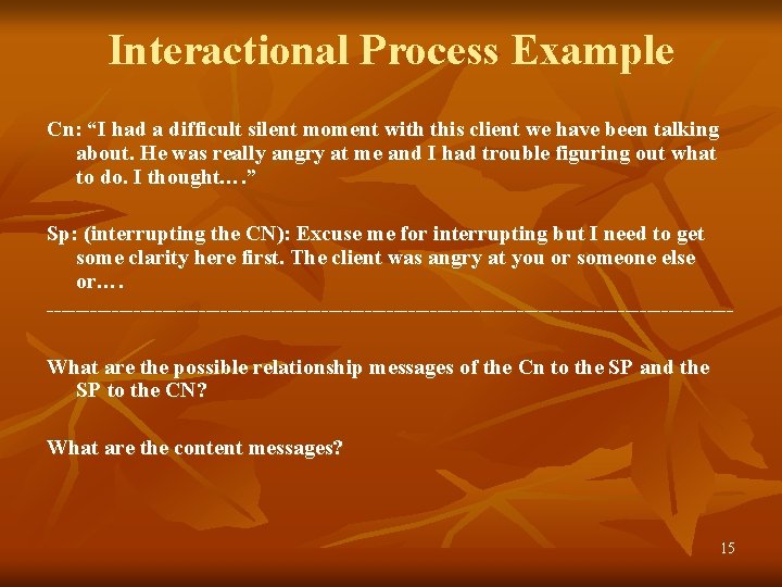 Interactional Process Example Cn: “I had a difficult silent moment with this client we