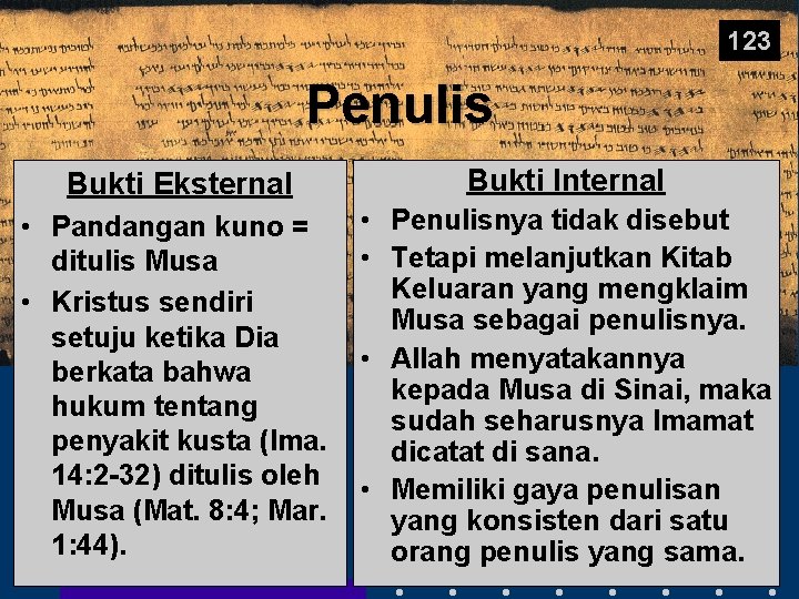 123 Penulis Bukti Eksternal Bukti Internal • Pandangan kuno = ditulis Musa • Kristus