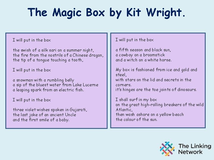 The Magic Box by Kit Wright. I will put in the box the swish