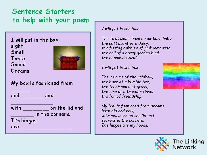 Sentence Starters to help with your poem I will put in the box sight