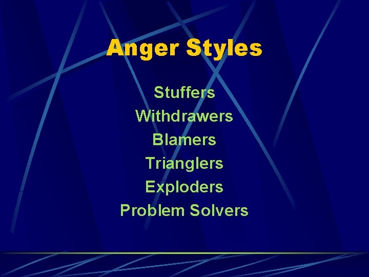 Anger Styles Stuffers Withdrawers Blamers Trianglers Exploders Problem Solvers 