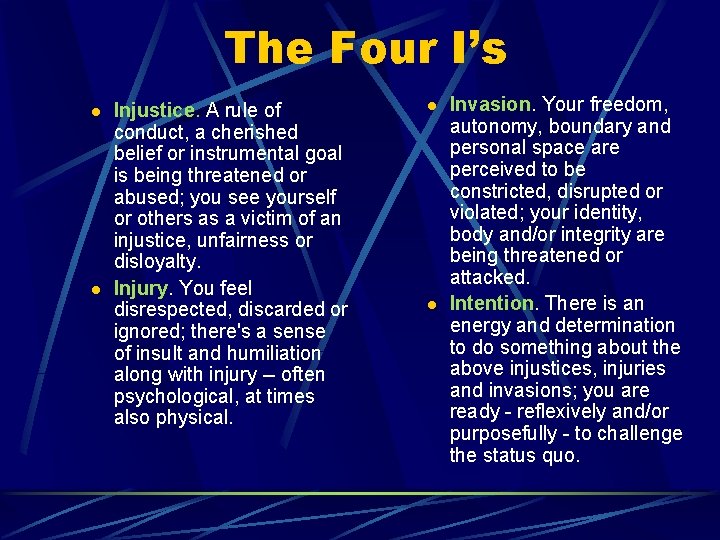 The Four I’s l l Injustice. A rule of conduct, a cherished belief or