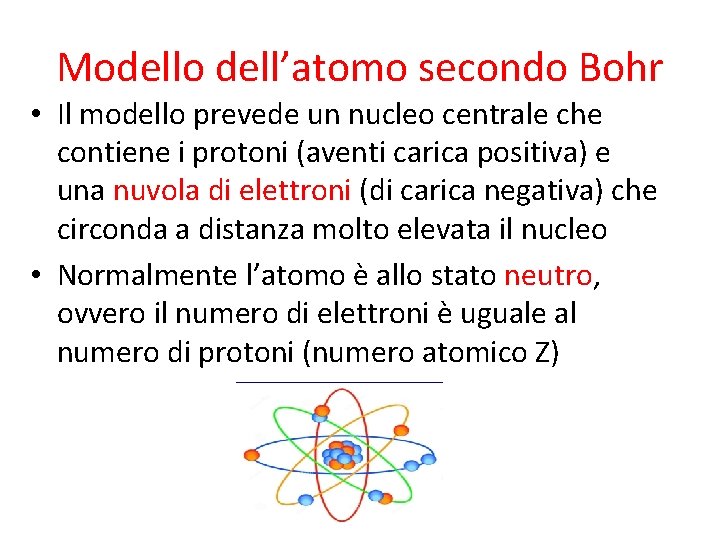 Modello dell’atomo secondo Bohr • Il modello prevede un nucleo centrale che contiene i