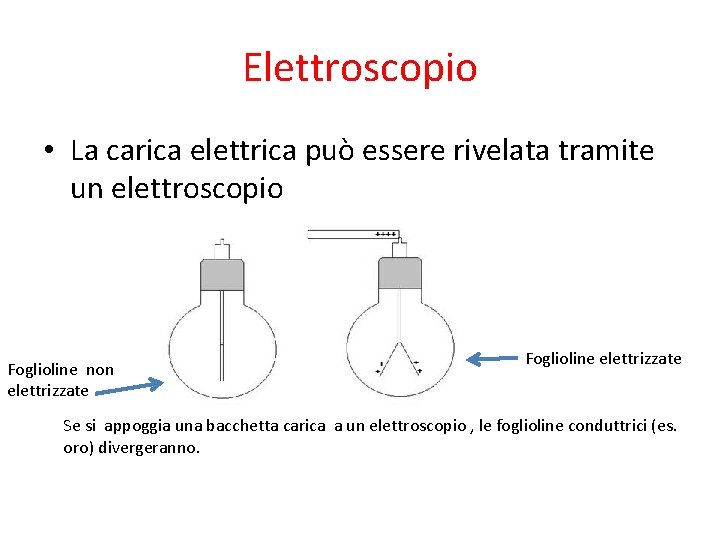 Elettroscopio • La carica elettrica può essere rivelata tramite un elettroscopio Foglioline non elettrizzate
