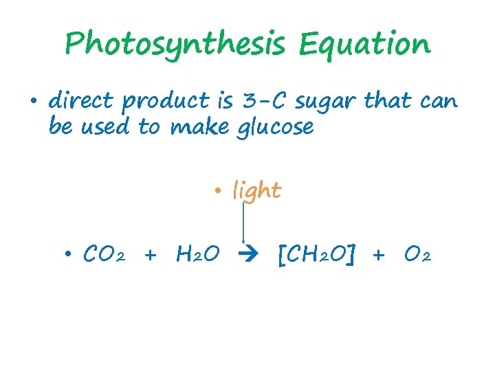 Photosynthesis Equation • direct product is 3 -C sugar that can be used to