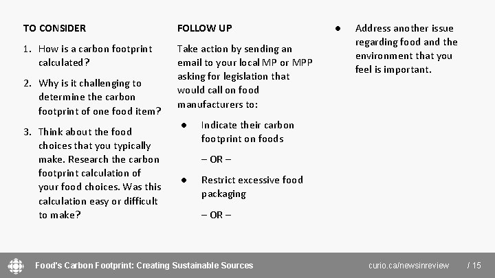 TO CONSIDER FOLLOW UP 1. How is a carbon footprint calculated? Take action by