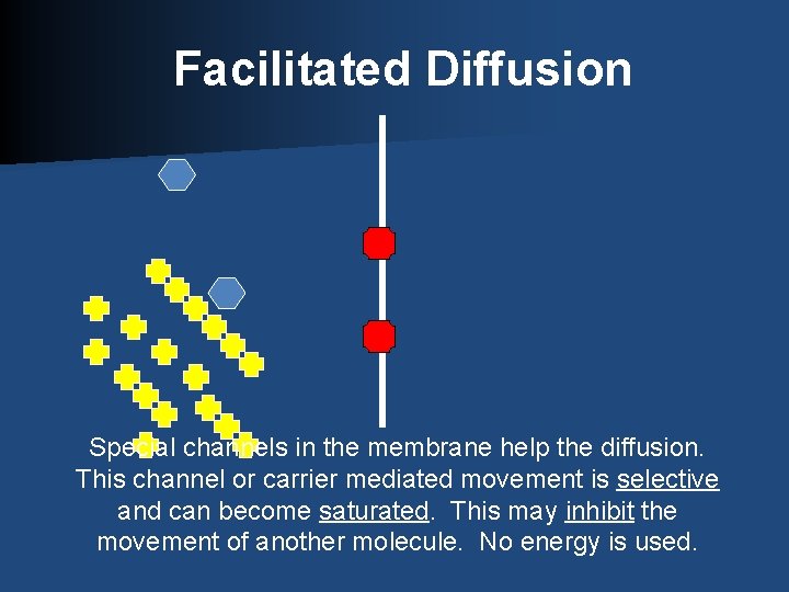 Facilitated Diffusion Special channels in the membrane help the diffusion. This channel or carrier