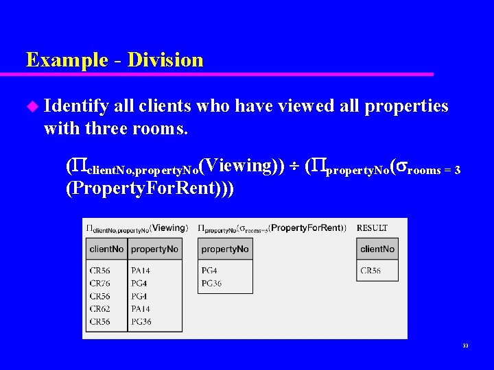 Example - Division u Identify all clients who have viewed all properties with three