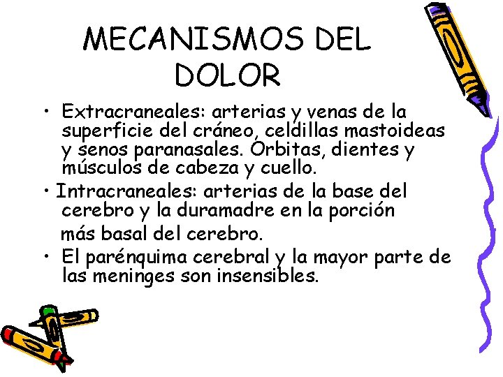 MECANISMOS DEL DOLOR • Extracraneales: arterias y venas de la superficie del cráneo, celdillas